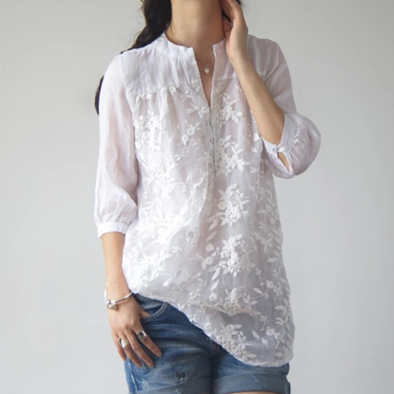 Spring Summer Half Sleeve Organza Cotton Linen Women White