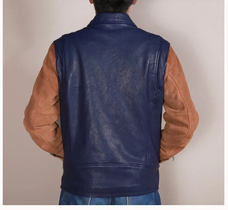 new arrivals men's patchwork genuine leather jacket contrast color fashion leather jacket men suede leather coat male