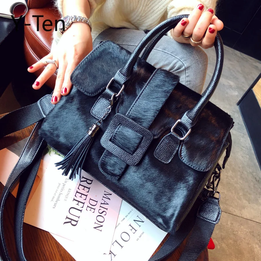 

Boston bag2018 New Soft Large Capacity Black Cool Shoulder Bags Boston Bag Horse Hair Handbags Fur Women Tote Bags HIgh quality