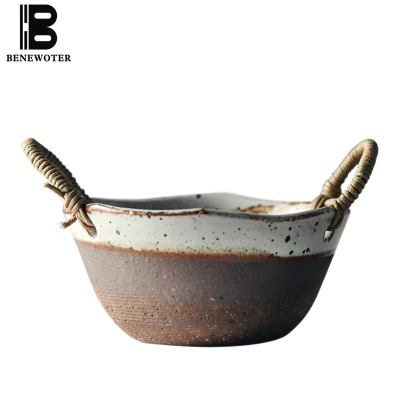 Японская грубая керамическая посуда винтажная чаша пеньковая веревка ручка