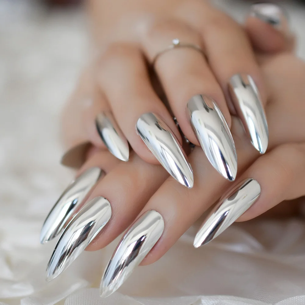 Удлиненные зеркальные накладные ногти на шпильках, серебристые красивые дизайнерские накладные ногти, цветные искусственные накладные ногти, 24 карата