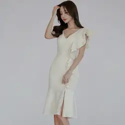 Лето 2019 г. оборками Русалка Bodycon платье для женщин сплошной цвет с элегантным верхом платья для ПР особых случаев установлены Vestidos