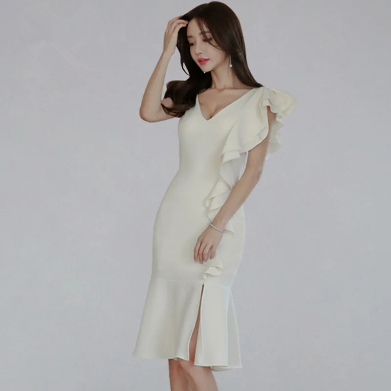 2019 Summer Ruffles Mermaid Bodycon Dress Women Solid Color Elegant