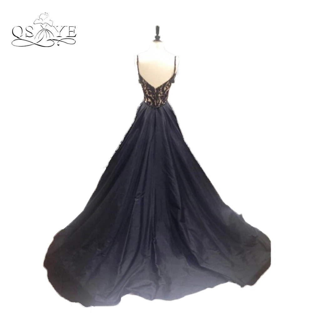 Пикантные черные сапоги длинные Выпускные платья Vestido De Festa Кружево Бисер глубоким вырезом развертки Поезд тафта Формальное вечернее платье