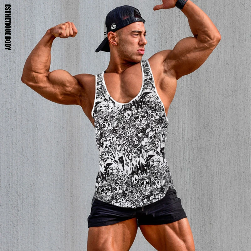 

Tank top men's summer sports brand gym running vest 2018 latest 3d full print skull jogging men's bodybuilding running tank top