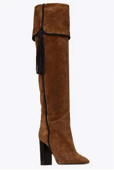 

Autumn and winter new woman brown round toe high heel long boots Fashion fringe chunky heel boots Ladies snow boots SIZE34-43