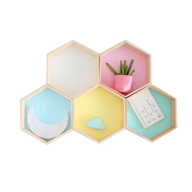 

Wooden Storage Rack Craft Ornament Hexagon Storage Holder Wall Hanging Storage Box Household Organizer Children Room Decor Gifts