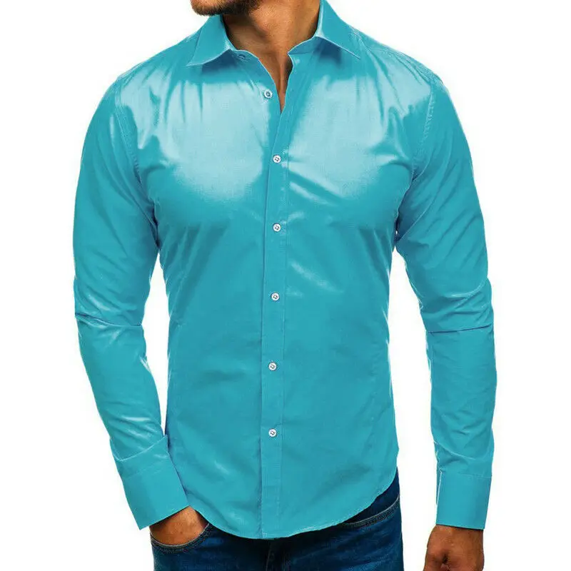 Брендовая мужская повседневная однотонное с длинным рукавом рубашки Slim Fit мужские деловые рубашки Стильная мужская одежда Прямая поставка - Цвет: Синий
