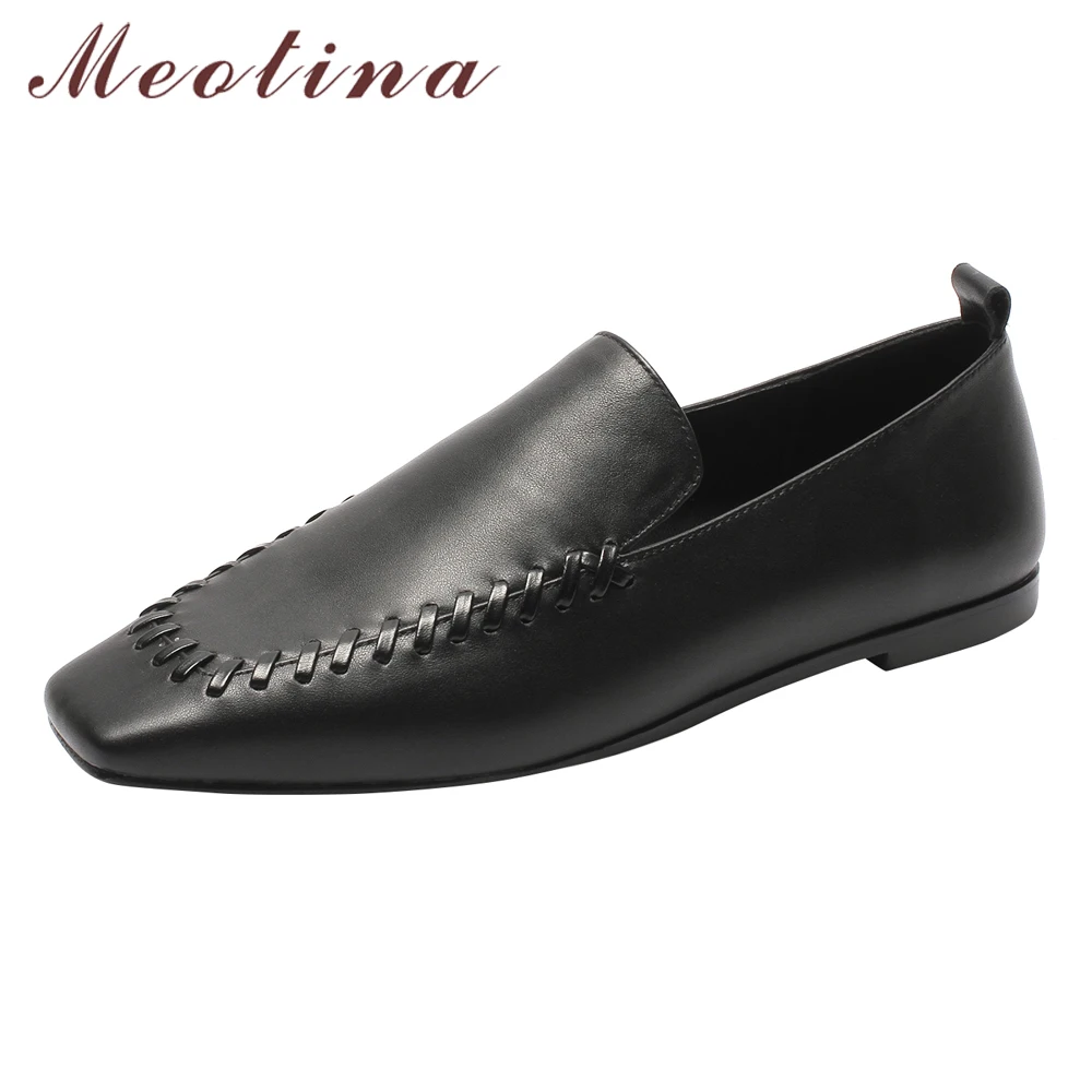 

Meotina Women Ballet Flats Shoes Natural Genuine Leather Flat Loafers Shoes Cow Leather Square Toe Casual Shoes Spring Size 3-9