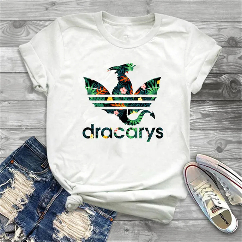 Showtly Dracarys GAME OF THRONE Female T Shirt Women Summer Dragon Print White Casual Plus Size Streetwear Fashion T shirt