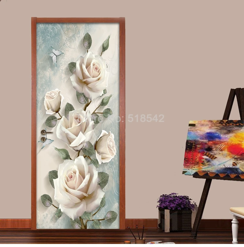 Creative 3D Flowers Door Sticker Home Decor Wall Decals DIY Self Adhesive Door Wallpaper PVC Waterproof Mural Bedroom Decoration