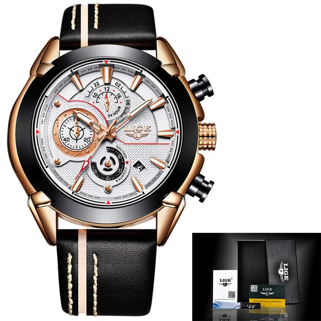 LIGE часы для мужчин бизнес водонепроницаемый Дата аналоговые кварцевые мужские s часы хронограф кожа спортивные часы для мужчин Relogio Masculino - Цвет: gold white