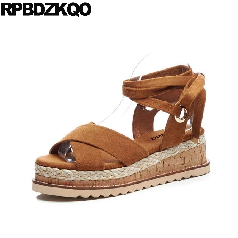

Brown Ladies Strap Up Sandals Lace Rope Platform Cork Suede Strappy Shoes Flatform Slingback Women Open Toe Runway Tie Wedge