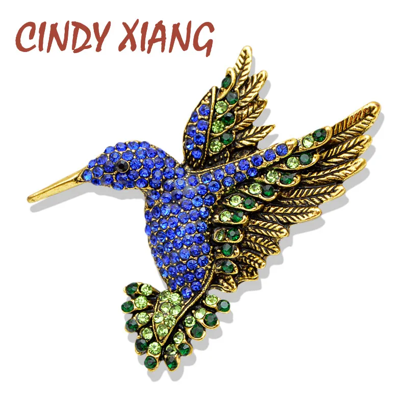 

CINDY XIANG New Arrival Navy Blue Color Rhinestone Hummingbird Brooches for Women Vintage Fashion Animal Pins High Quality Gift