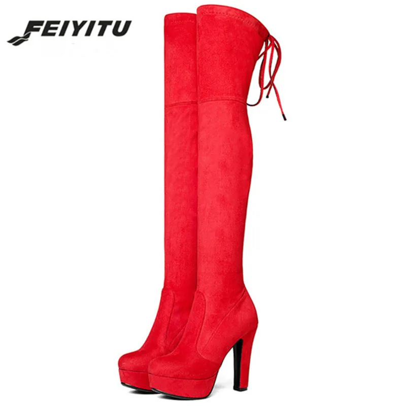 

feiyitu Autumn winter boots for women flock solid platform shoes woman fashion over the knee boots stretch big size 34-43