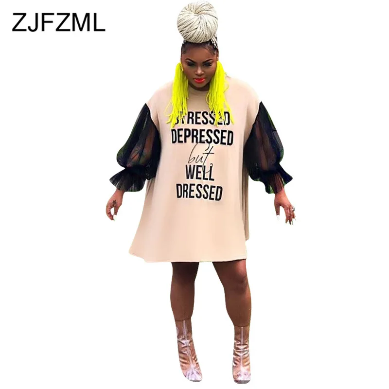 

Letter Print Casual T Shirt Dress For Women Black Mesh Patchwork Long Sleeve Plus Size Dress Streetwear Female Loose Short Dress