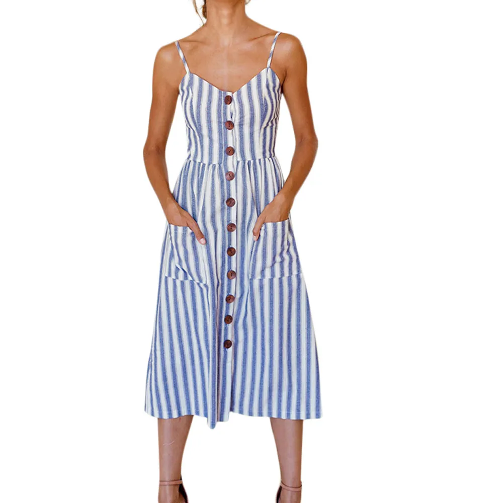 Womens Holiday Striped Ladies Summer Beach Buttons Party Dress women ...