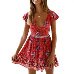 Вышитые Для женщин летние, пляжные, в богемном стиле цветочный кнопки с рисунками Глубокий V короткий рукав Для женщин мини-платье