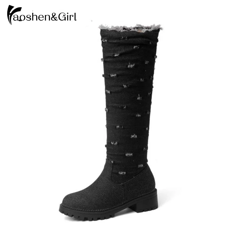 

Haoshen&Girl Large Size 28-52 Women Half Boots Square heel Shoes Denim Boots Mid-Calf Pointed Toe Med Botas Woman Fashion Shoes
