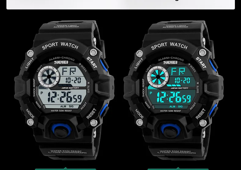 SKMEI Outdoor Sport Watch Men Alarm Clock 5Bar Waterproof Military Watches LED Display Shock Digital Watch Reloj Hombre 2019