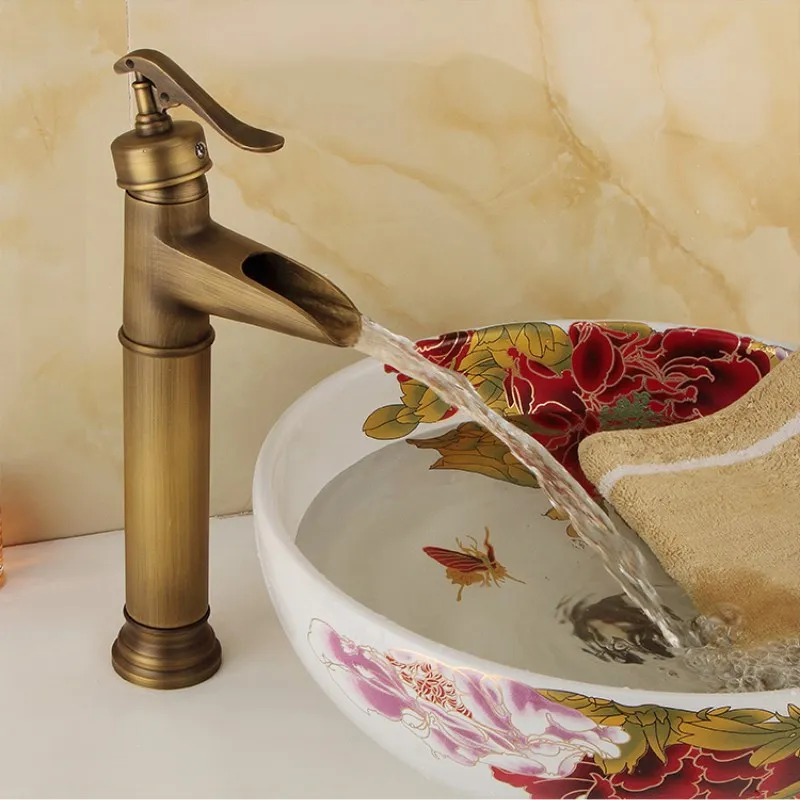 Basin Faucets Antique Brass Waterfall Bathroom vessel Sink Faucet Single Handle Hole Deck Wash Mixer Water Tap WC Taps | Обустройство