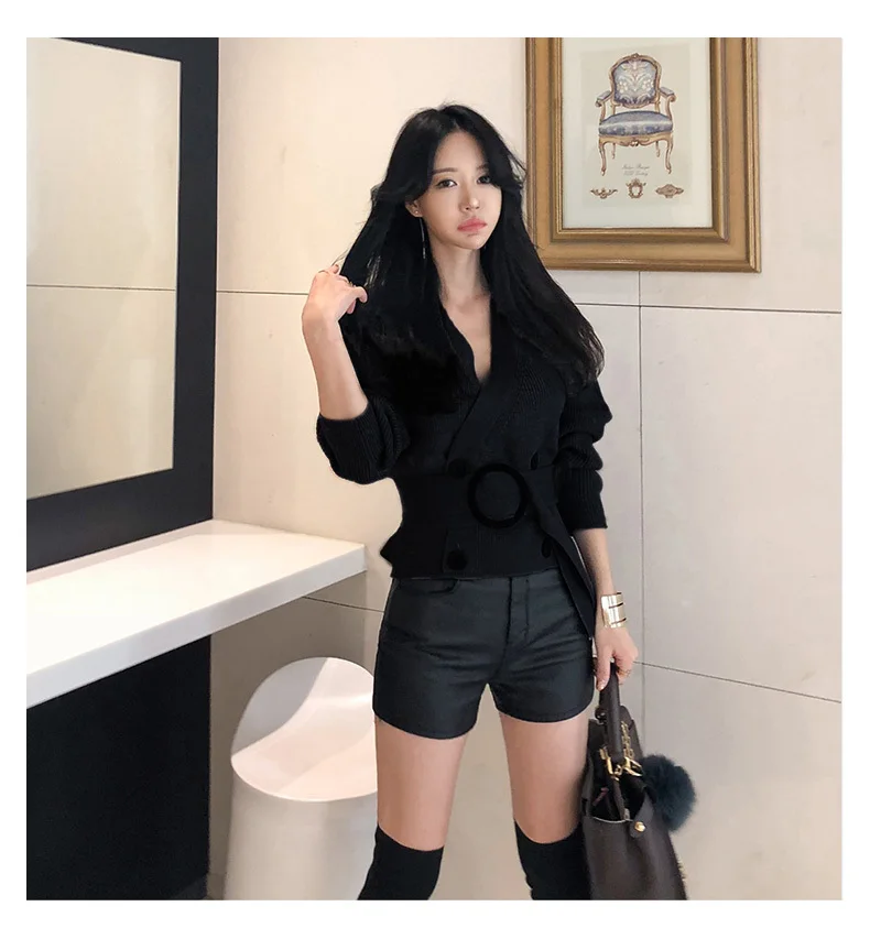 2019 двубортный короткий кардиган с поясом, сексуальный свитер с v-образным вырезом, Корейская трикотажная короткая куртка