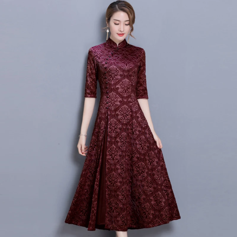 new vintage Lace Long dress women Summer Chinese Style A-Line dress Solid color Half sleeve Ankle-Length dress women