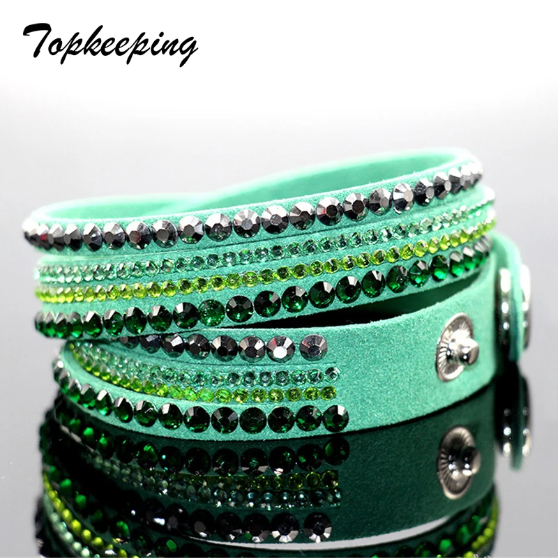 

Topkeeping Brand Fashion New arrival Rhinestone Leather Wrap Bracelet Crystal Multilayer Bracelets bangles for Women/Men