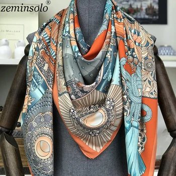 

Fashion Design Square Silk Scarf Women Foulard Printed Bandana Ladies Shawl Hijab Elegant Headband Ring Scarves Wraps 130*130cm