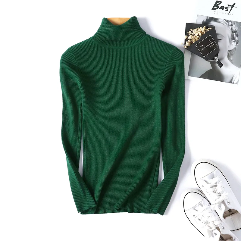 Женский вязаный свитер с высоким воротом осенний Повседневный мягкий джемпер с воротником поло модный тонкий женский эластичный пуловер Свитера - Цвет: Green 2