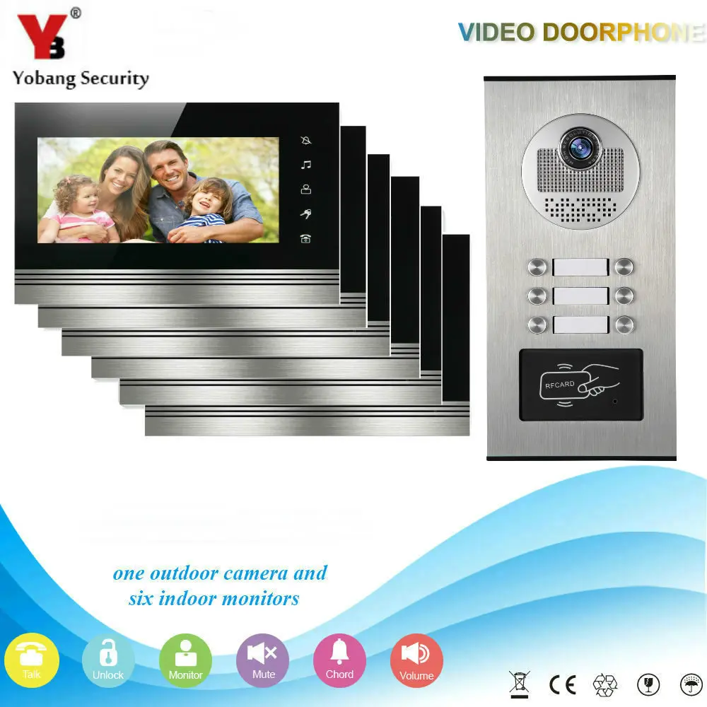 Yobang безопасности проводной 7 "дюймовый ЖК-цветной экран монитор безопасности видеодомофон дверной телефон комплект для 6 квартиры 1000TVL RFID