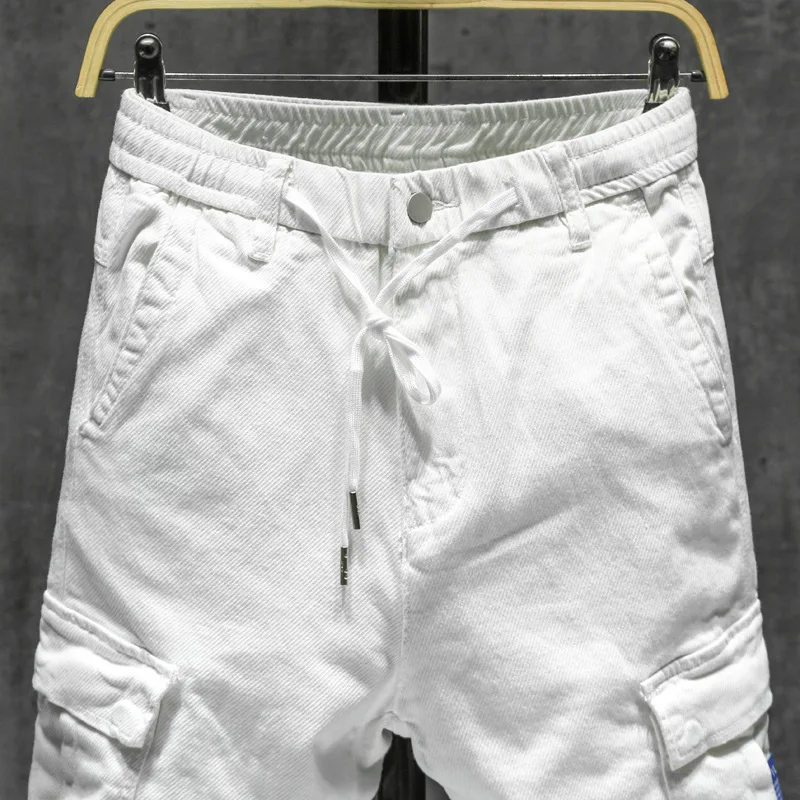 2019 Summer Fashion Men Jeans White Loose Fit Elastic Patch Pocket Cargo Pants Streetwear Slack Bottom Hip Hop Joggers Jeans Men