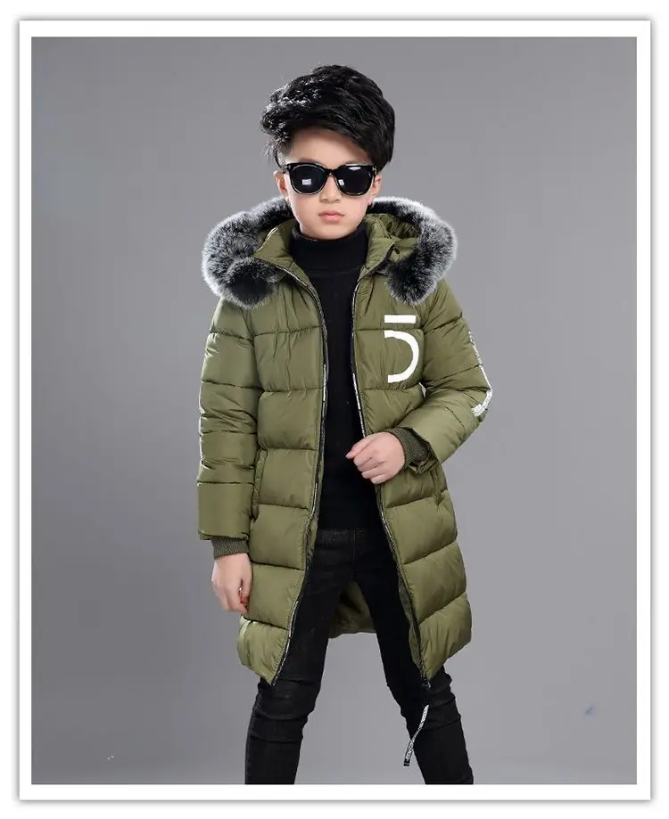 Новое зимнее пальто для больших мальчиков, длинная стильная зимняя куртка с меховым капюшоном для мальчиков, детская зимняя куртка с хлопковой подкладкой, верхняя одежда для детей 3-15 лет