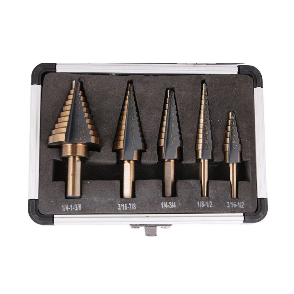 

5 in 1 HSS 50 Sizes Step Drill Bit Set Long life High Speed Steel with Cobalt Coated Cobalt Multiple Hole with Aluminum Case