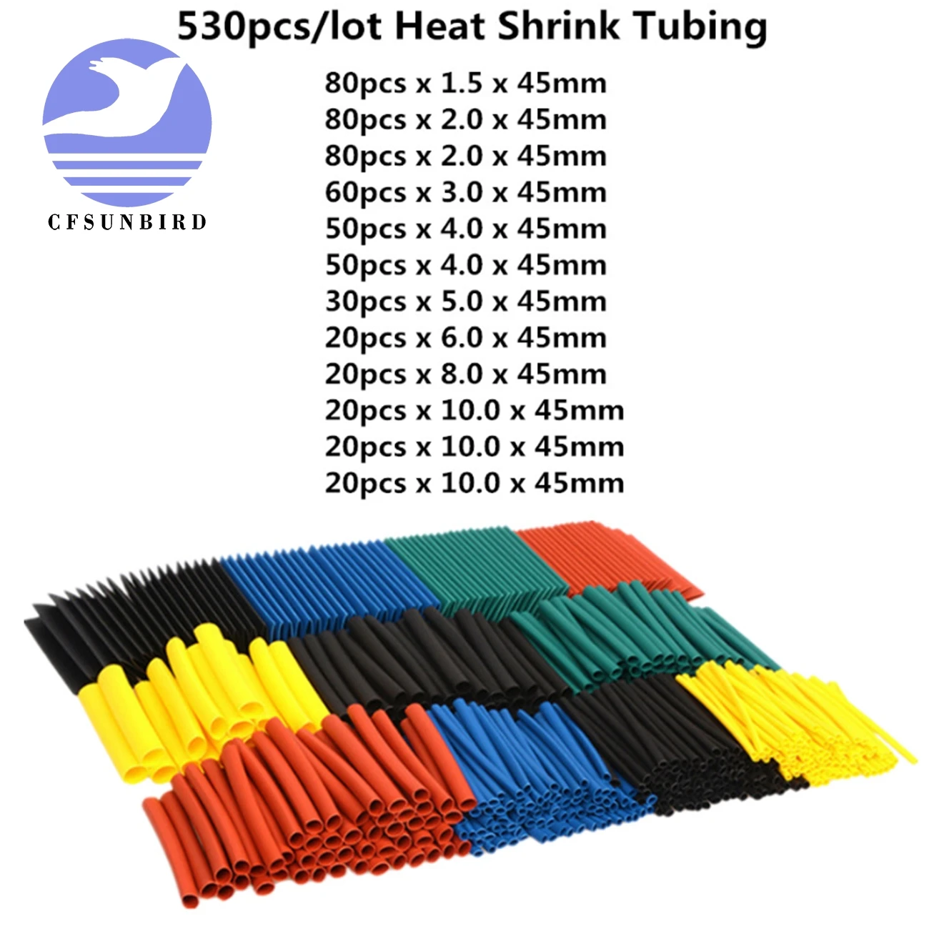 

530pcs/set Sleeving Wrap Wire Car Electrical Cable Tube kits Heat Shrink Tube Tubing Polyolefin 5 Sizes Mixed Color
