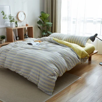 

100% Cotton Nordic duvet cover set 4pcs yellow striped quilt covers jersey knitted bed fitted sheet queen king size bedding set