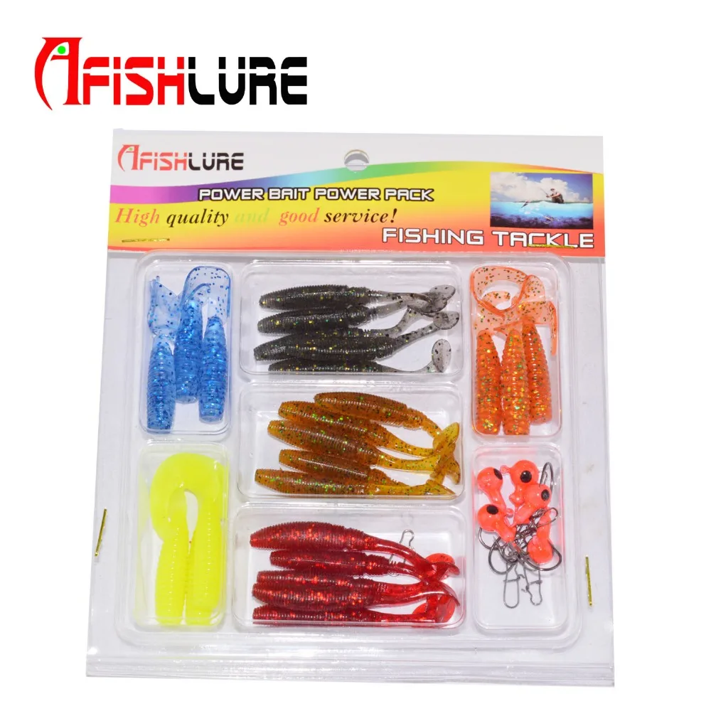 

34pcs/set Fishing lure set T tail soft worm and curly tailsoft grubs with lead head hook and strength pin soft lure sets