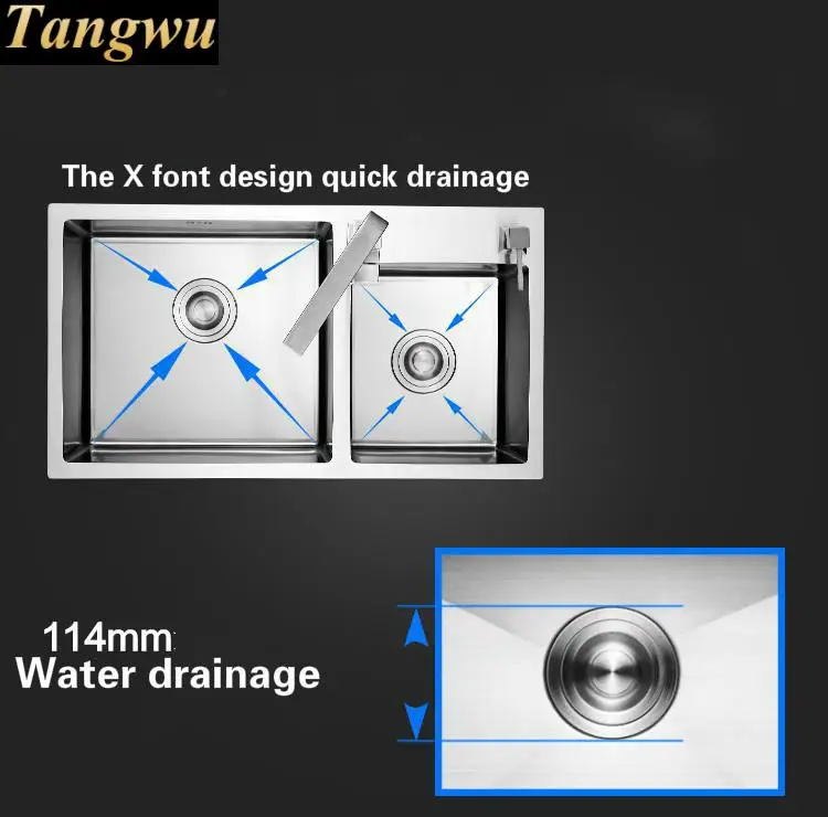 Tangwu ручная работа высококлассная кухонная раковина 4 мм Толстая пищевая 304 нержавеющая сталь умывальник большой двойной паз 82X46X22 см