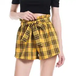 Harajuku винтажные клетчатые шорты летние женские модные кружевные широкие шорты с высокой талией горячие шорты для девочек красные/желтые