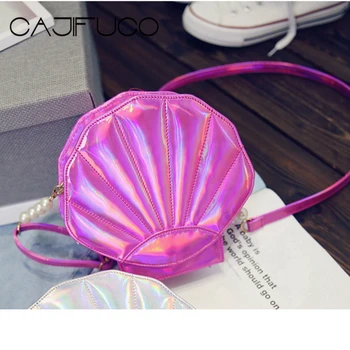 

CAJIFUCO Fashion Girls Shell Bag Laser LOVELY Mini Cross Body Bags With Pearl Strap Women Shoulder Bag Bolsos Mujer Sac De Plage