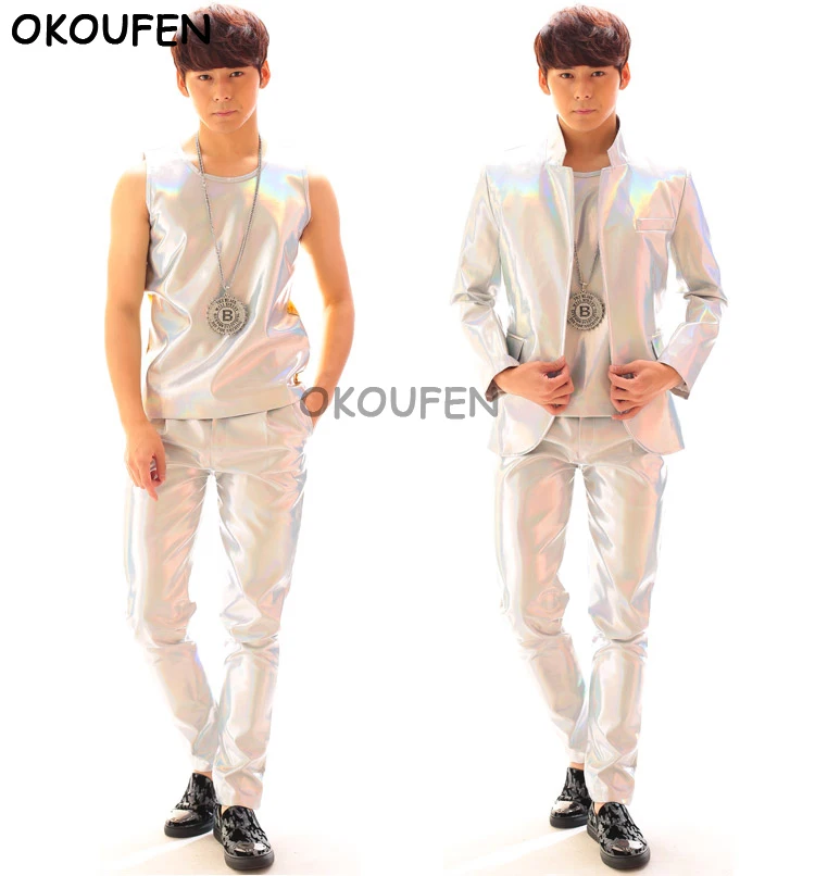 

NightClub Male Singer Laser Leather Jacket Star Leather Pants Set Punk Suit Performance hiphop stage dance wear