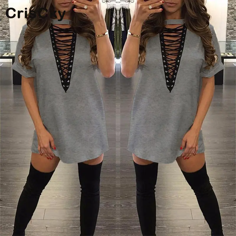 CRISCKY Summer Casual Ladies Dresses Fashion O Neck Short Sleeve Bandage Mini Party Dresses Woman Solid Club Outfits Vestidos