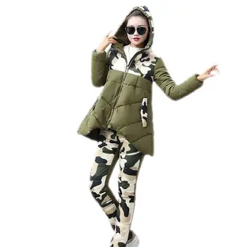 

2018 New Winter Women Thick Warm Slim Hooded Parka Coat+Pants 2 Piece Set Female Camouflage Patchwork Jacket Outwear Suit B48