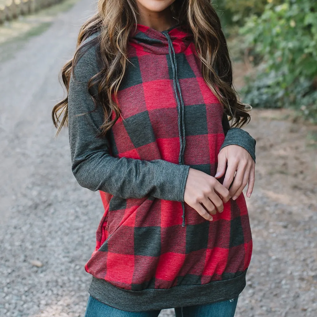 

Sweatshirt Women Vintage Plaid Pullover Hoodies Sport Loose Long Sleeve Plus Size tops Ladies Drawstring Running sweatshirts