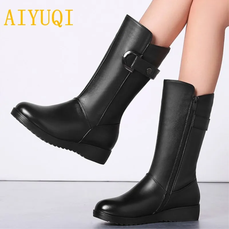 

AIYUQ natural genuine leather women's winter boots, Big size 41 42 43 women's snow boots, 2019 new wool warm motorcycle boot