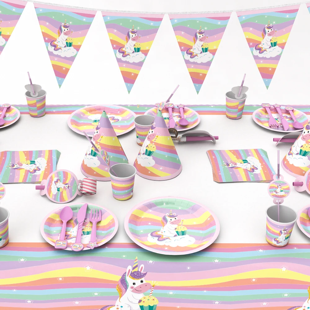 

Unicorn Party Disposable Tableware Set Unicorn Flag Banner Tablecloth Baby Shower Girl boy Birthday Theme Party Plate Cup Decor