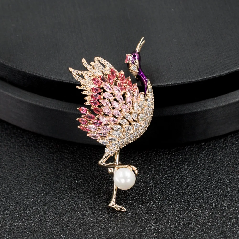 Cubic Zirconia Pearl Bird Flamingo Brooch Broach Pin Pendant Women Jewelry Accessories Thanksgiving gift XR03436
