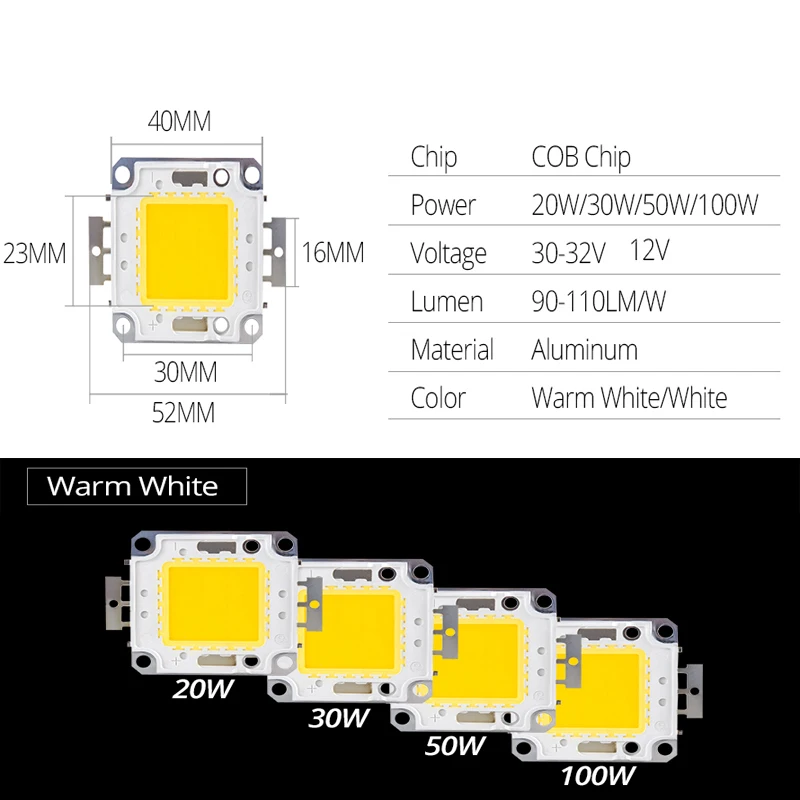 Белый/теплый белый 10 Вт 50 Вт 100 Вт чип со светодиодной подсветкой DC 12 В/36 В интегрированный в COB светодиодный светильник