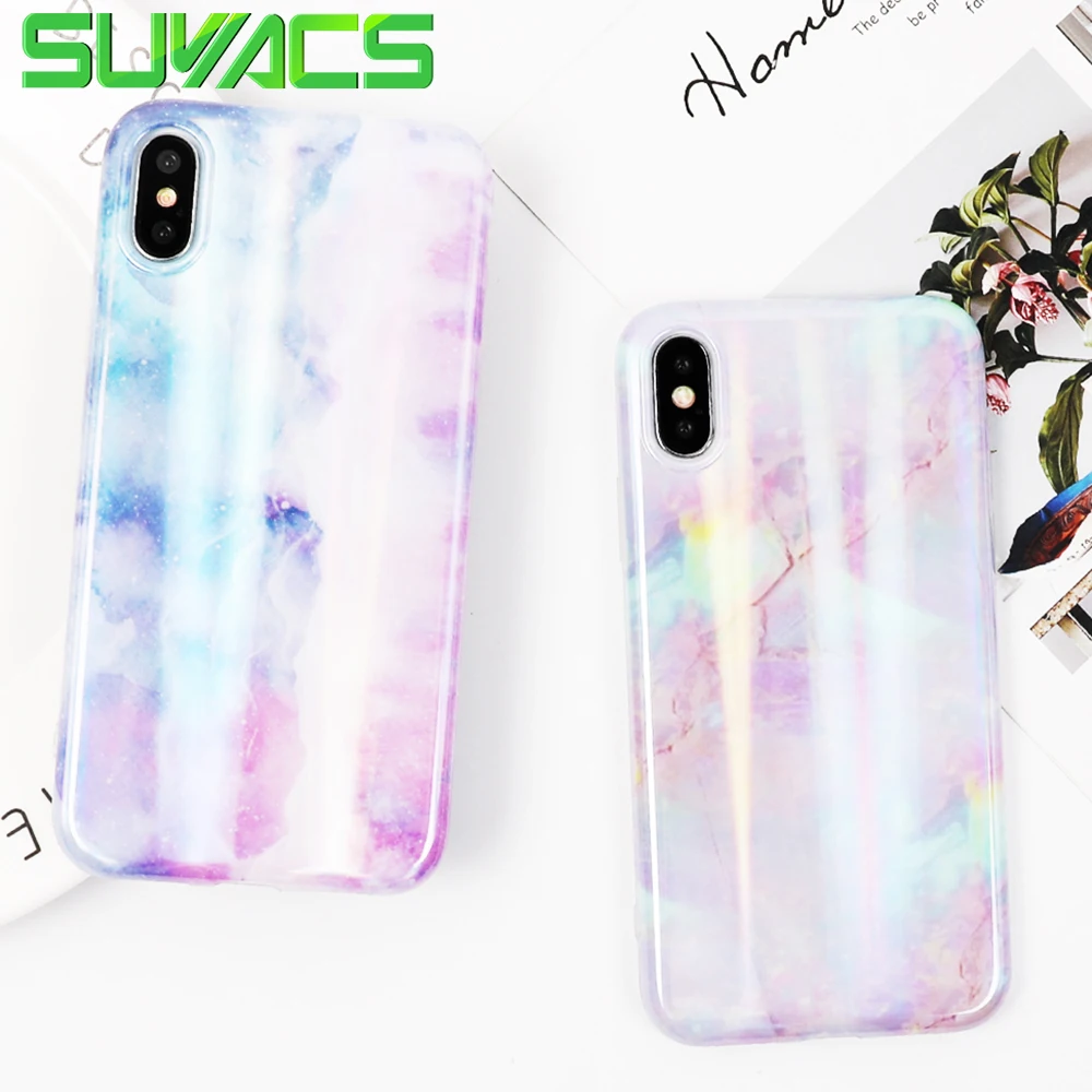 

SUYACS Phone Case For iPhone 6 6S 7 8 Plus X Cool Holographic Laser Colorful Marble Soft IMD Phone Case Back Cover Shell Coque