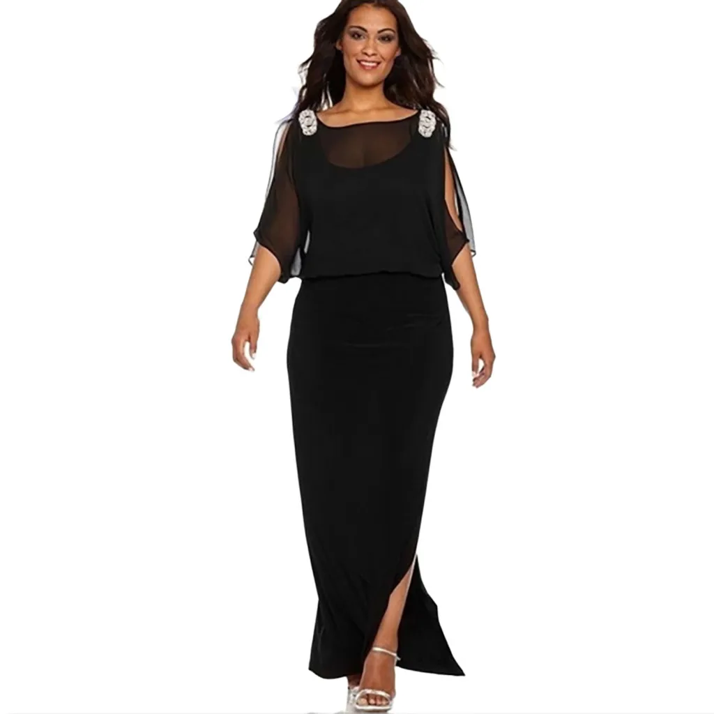 

feitong Women Ladies Solid Color Long Sleeve Slit Long Dress women's clothing of large sizes summer dress Fashion Floor-Length